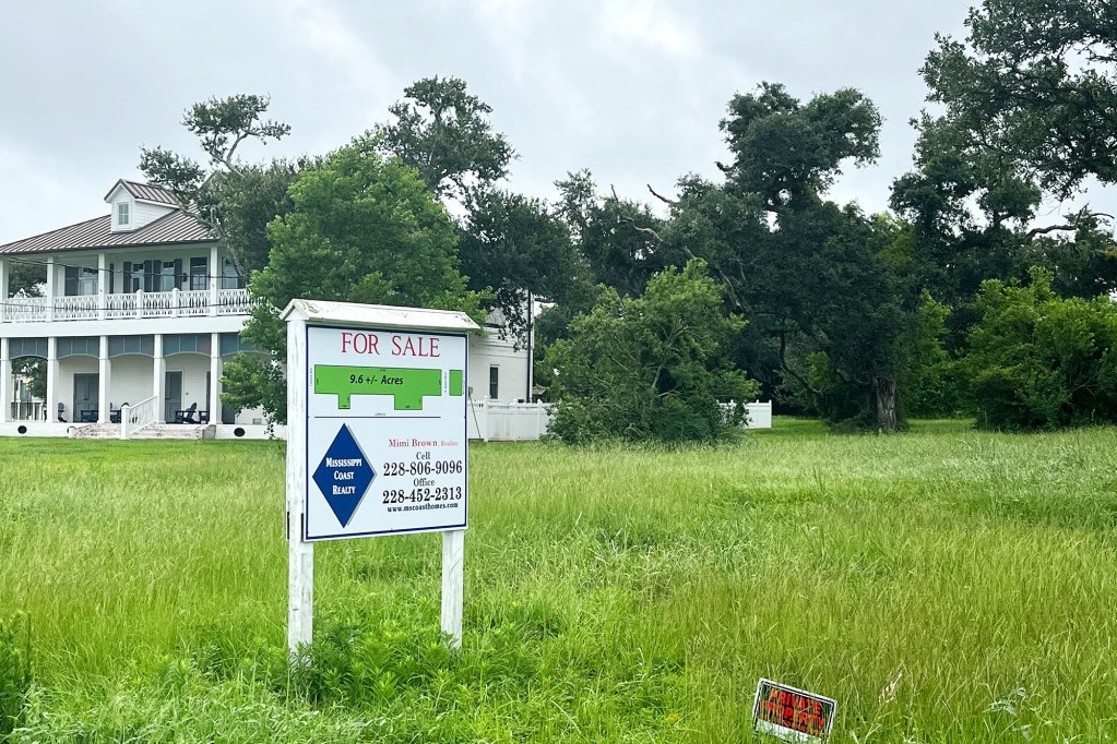 A 'For Sale' sign in a green lot