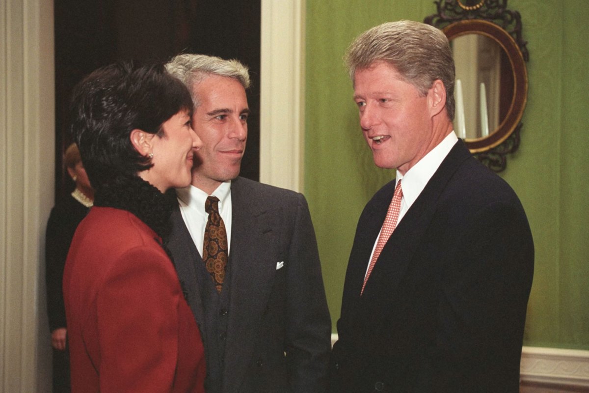 Ghislaine Maxwell (left) and Jeffrey Epstein meet with Bill Clinton inside a room with green wallpaper