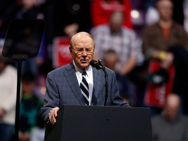 James Dobson speaks at a podium at an event
