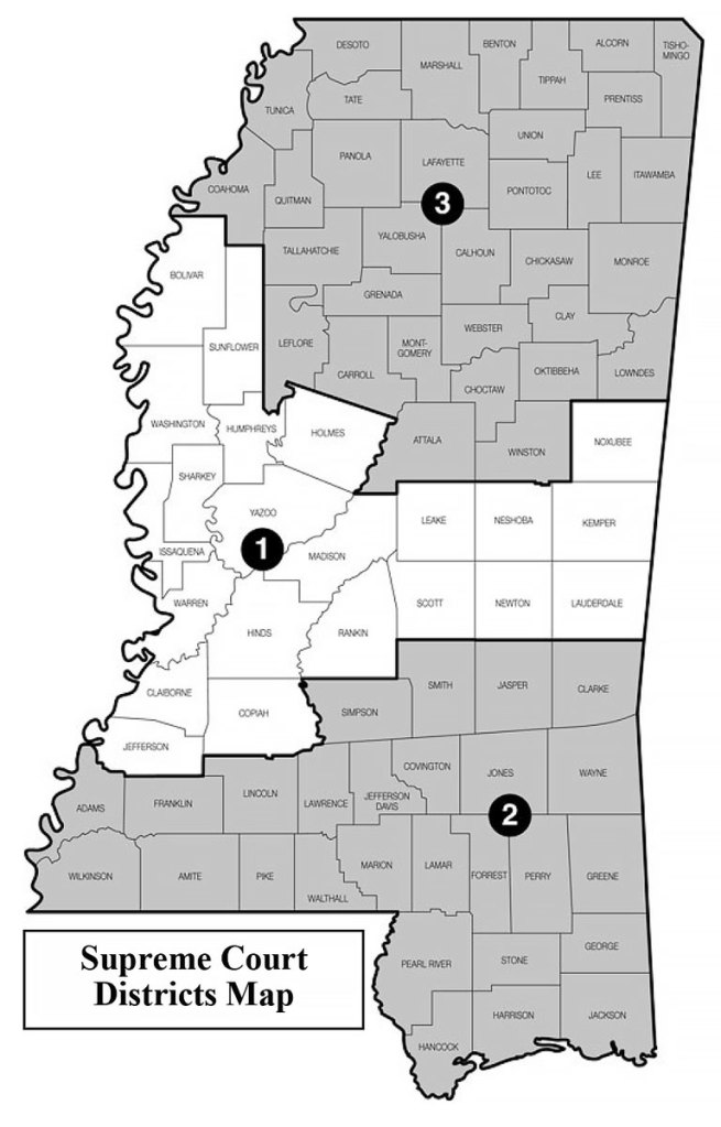 The Supreme Court Districts Map showing the state of Mississippi divided into three sections