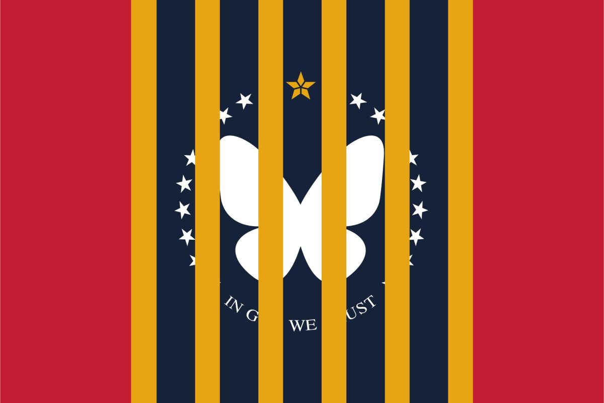 The Mississippi flag, but the magnolia has been swapped for the Bluesky butterfly logo. The yellow bars on the flag have been extended across the blue field to look like jail bars