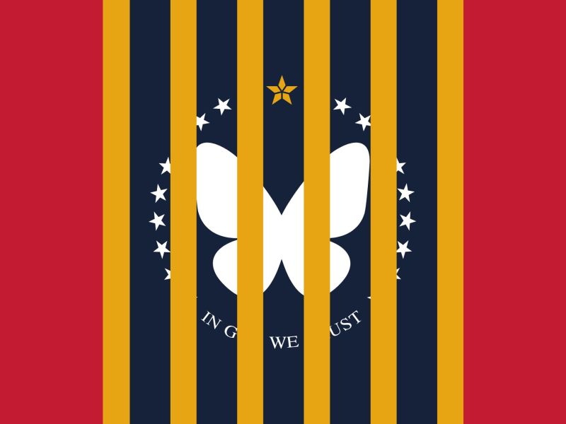 The Mississippi flag, but the magnolia has been swapped for the Bluesky butterfly logo. The yellow bars on the flag have been extended across the blue field to look like jail bars