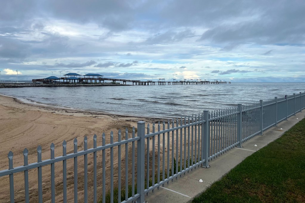 A beachside view with pier in the background