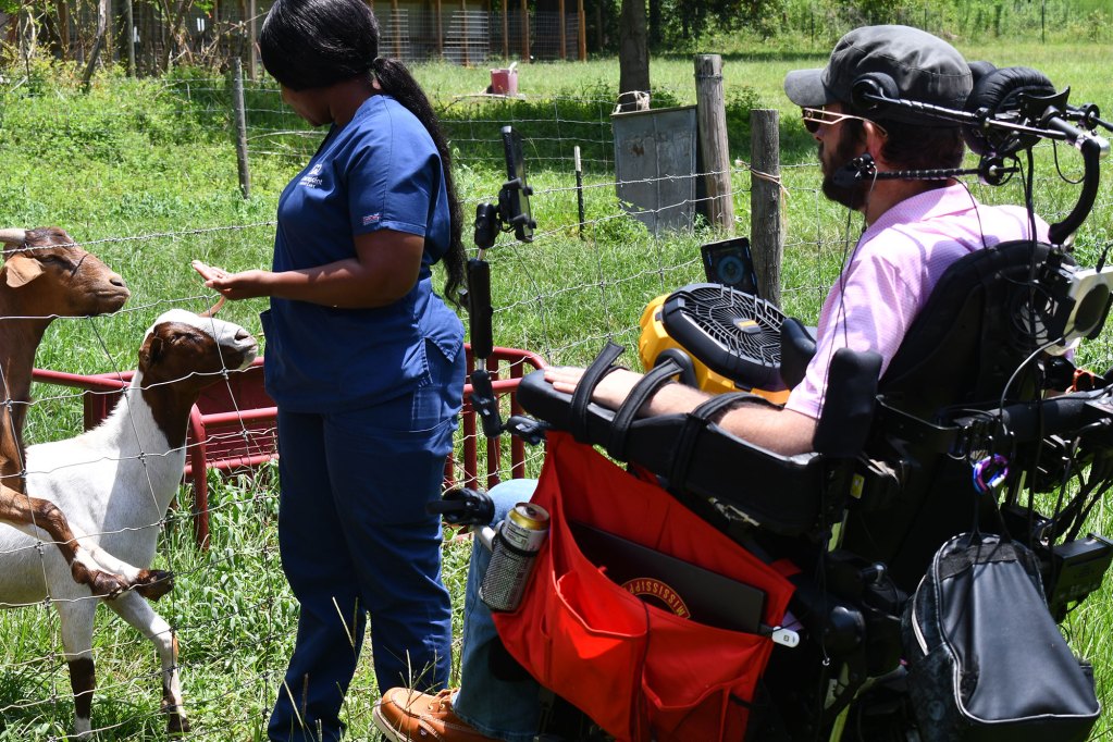 A man in a wheelchair watches as a woman feeds goats through a wire fence on a grassy farm.