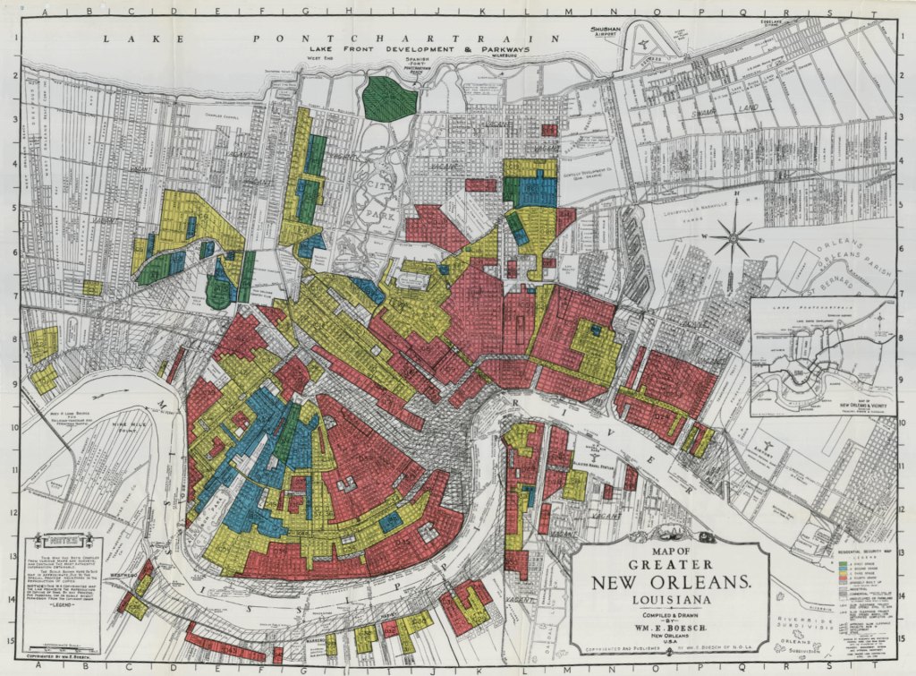 An old map of the Greater New Orleans area, with neighborhoods color blocked in blue, yellow, green and red