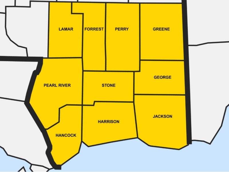This map highlights the 10 counties featured in the Southeast Mississippi Planner — Lamar, Forrest, Perry, Greene, Pearl River, Stone, George, Hancock, Harrison, and Jackson.