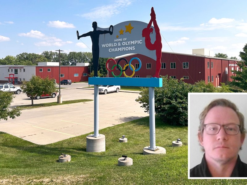 A man's mugshot is overlayed a set of red buildings labeled Home of World & Olympic Champions