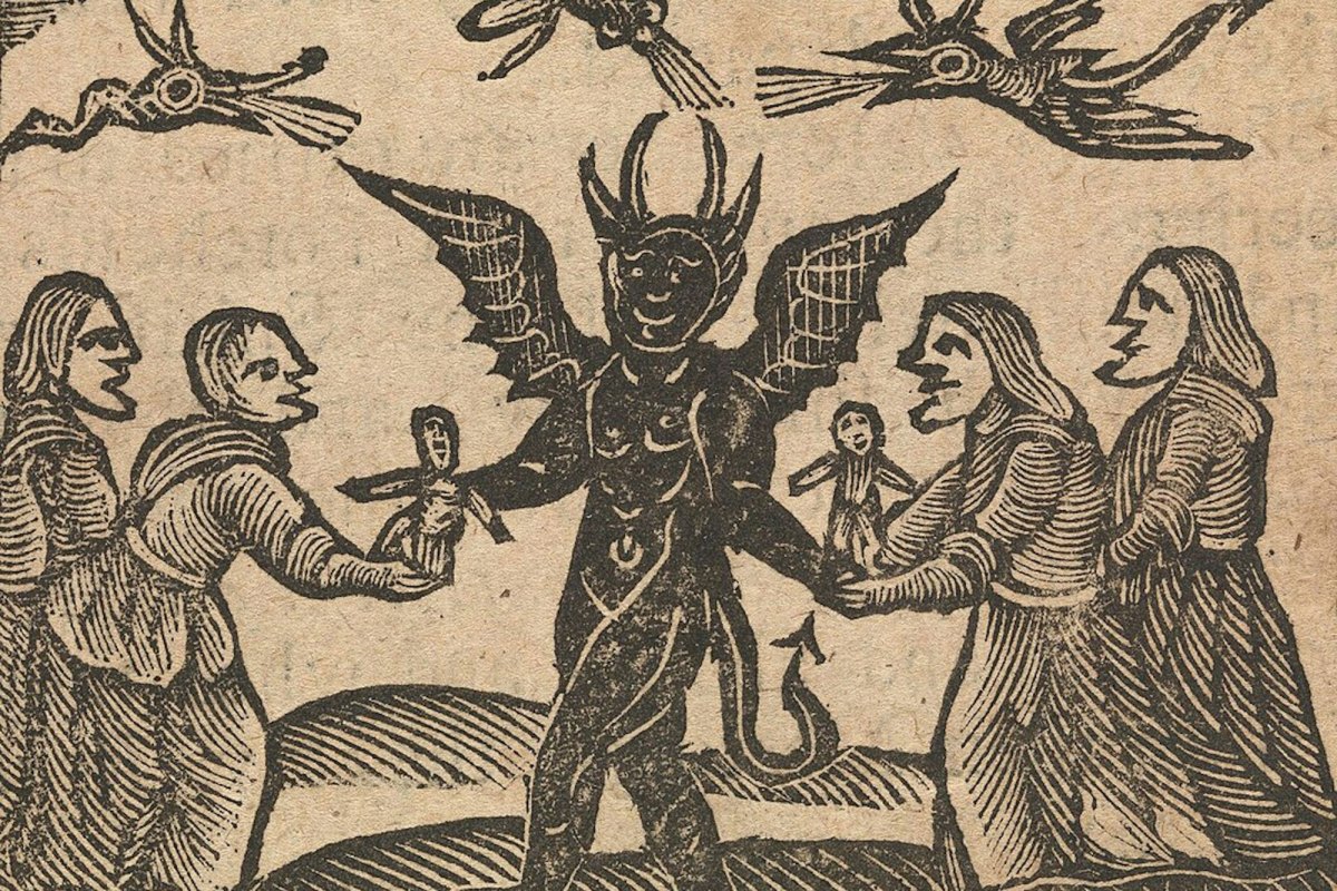 A wood block print of people holding dolls next to a devil