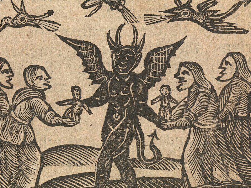 A wood block print of people holding dolls next to a devil