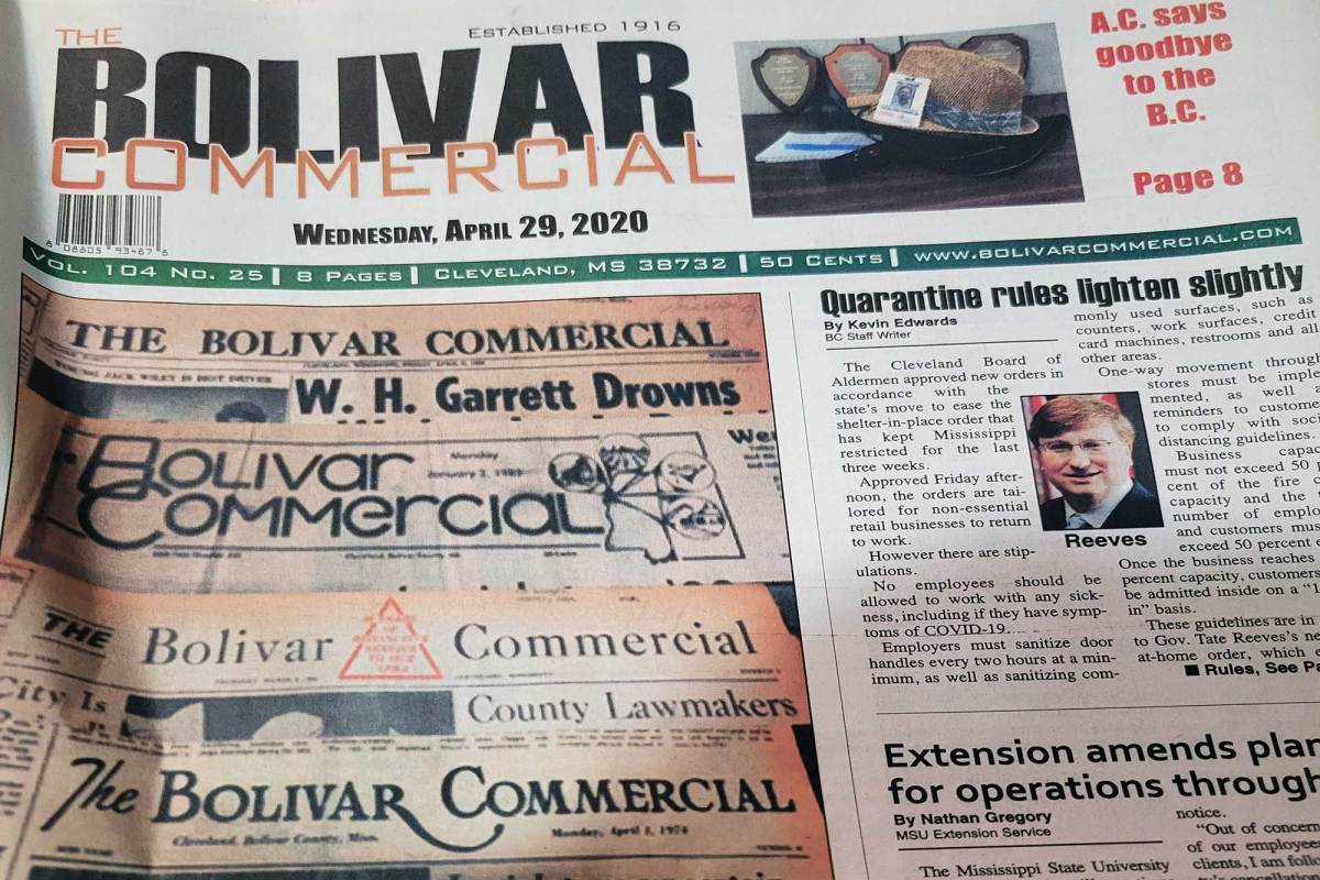 An edition of The Bolivar Commercial newspaper on display.