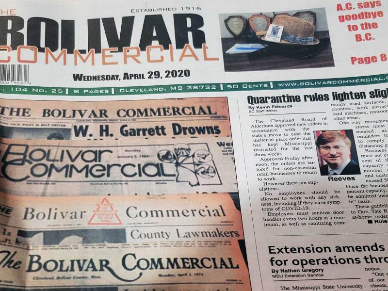 An edition of The Bolivar Commercial newspaper on display.