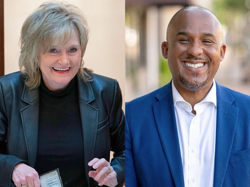 A side by side image of Cindy Hyde-Smith on the left and Scott Colom on the right