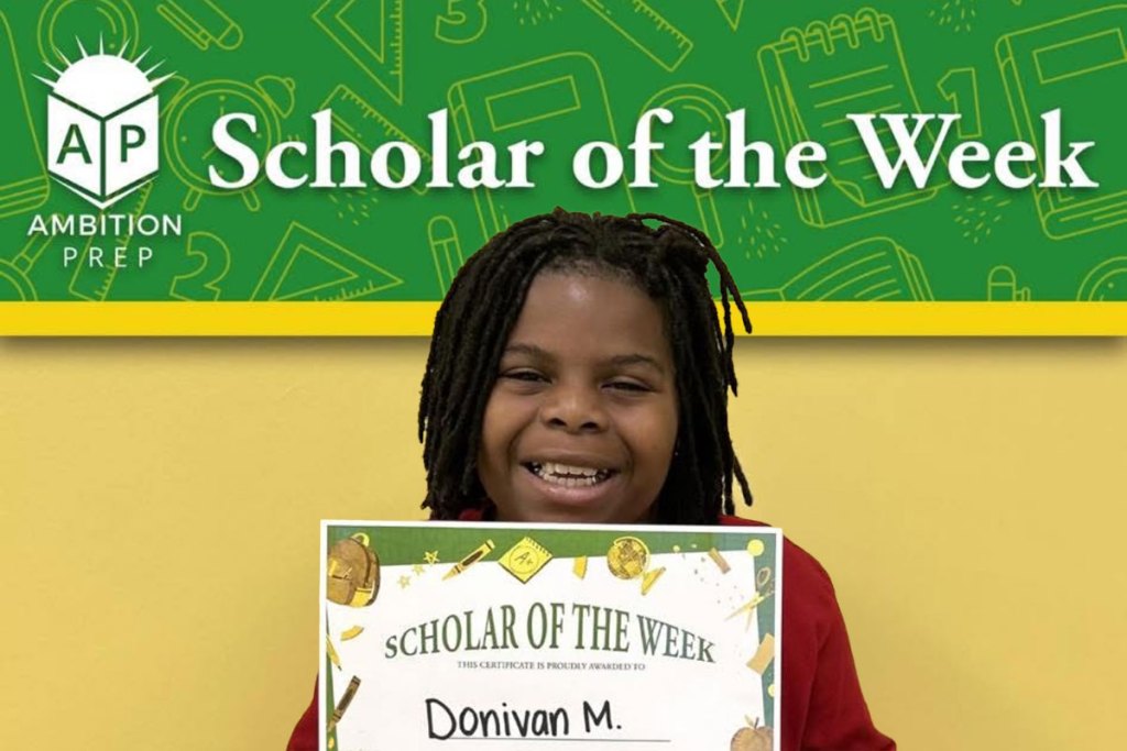 A graphic labeled 'Scholar of the week' and a young boy holding up a certificate for Donivan M.