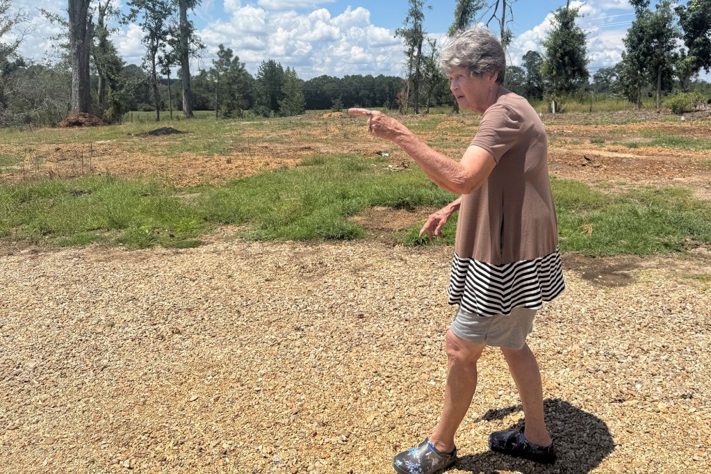 A woman in a brown top points to the left, showing how the tornado impacted her property