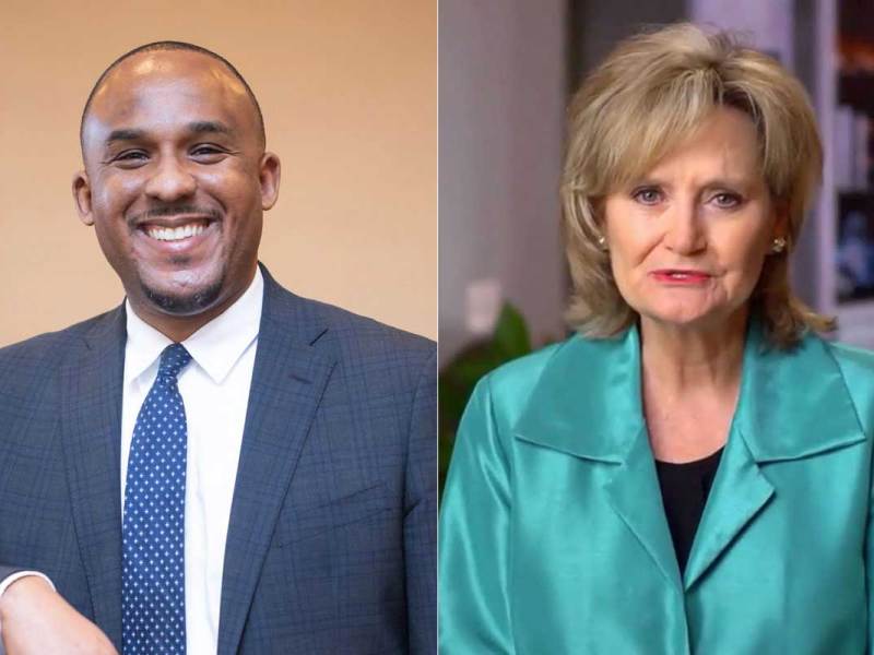 A side by side image of Scott Colom on the left and Cindy Hyde-Smith on the right