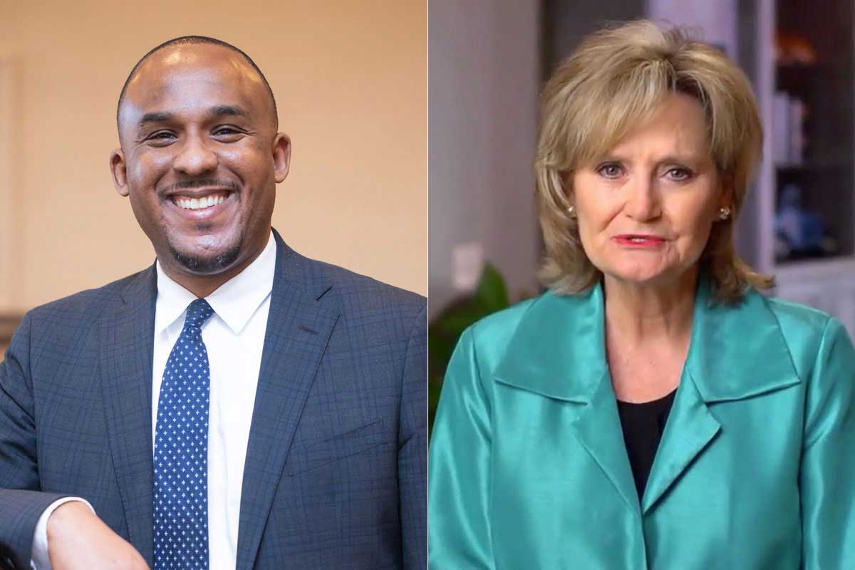 A side by side image of Scott Colom on the left and Cindy Hyde-Smith on the right