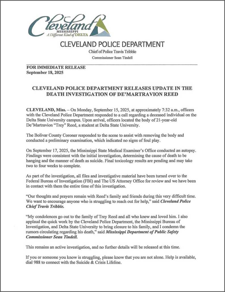 Cleveland Police Department releases update in the death investigation of De'Martravion Reed