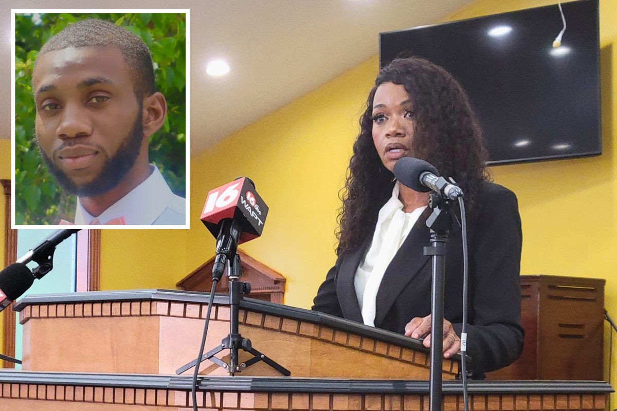 A woman speaking at a press conference held in a church with yellow walls. an inset photo shows Demartravion Reed standing outside by greenery