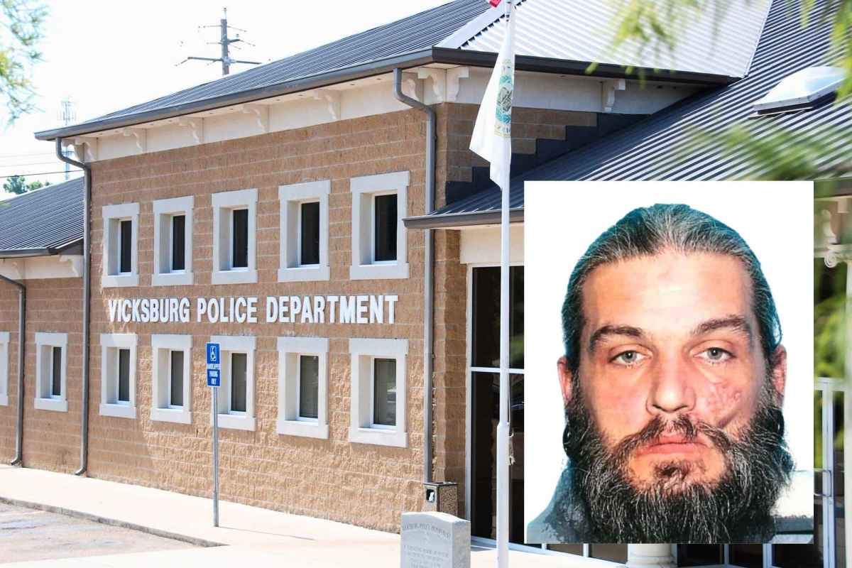 a photo shows the Vicksburg police department with a photo inset of a white man with a beard and long black and gray hair and facial hair