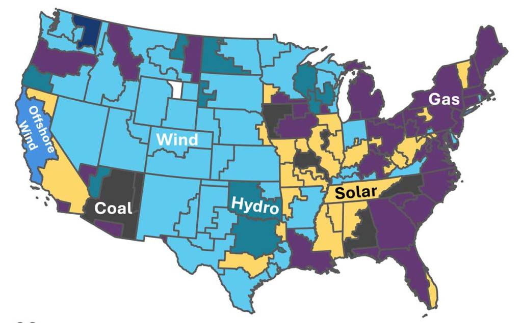 A map of the U.S. with regions and states colored by the type of power plant that will increase generation the most in response to rising energy demand