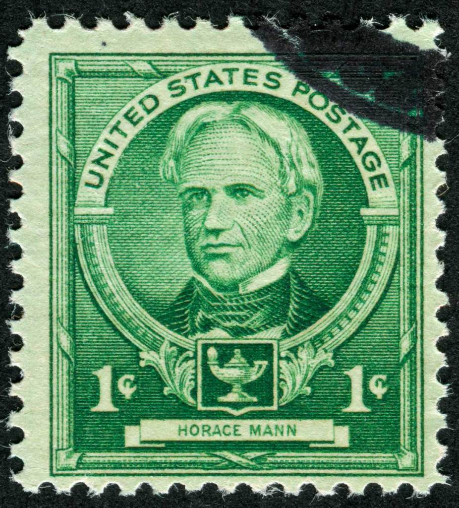 an old greenish stamp has the face of a man in the center, with the words united states postage, 1 cent and Horace Mann"