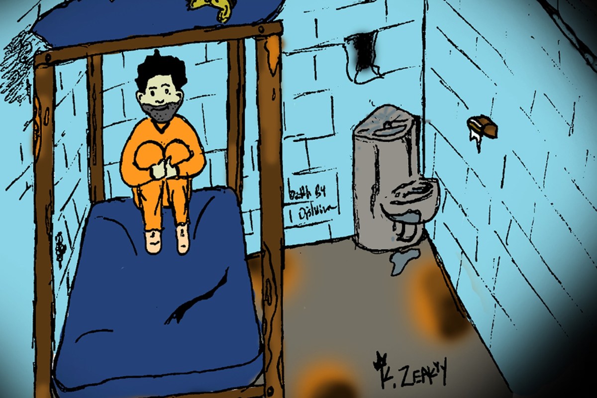a cartoon showing a man in an orange jumpsuit sitting in a prison bed with a toilet next tyo him on the floor. The caption says "K. Zeakyy"
