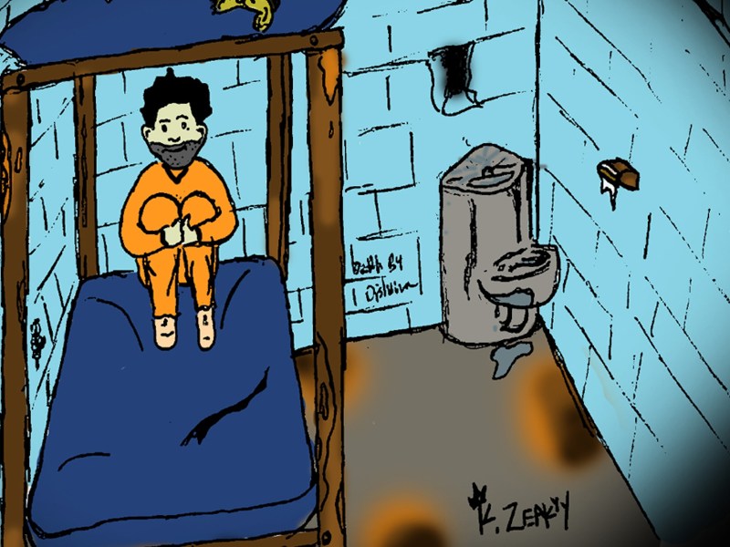 a cartoon showing a man in an orange jumpsuit sitting in a prison bed with a toilet next tyo him on the floor. The caption says "K. Zeakyy"