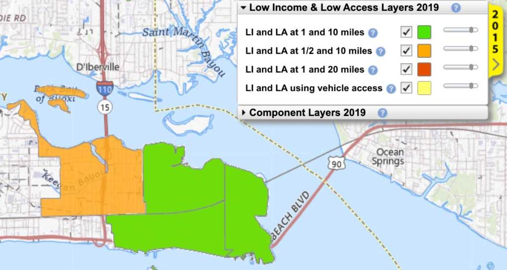 A digital map showing Biloxi, Mississippi, highlights low-income and low-access areas in orange and green. The orange section covers much of East Biloxi, labeled as a food desert. A legend in the top right corner explains the color codes used for the USDA’s low-access layers.