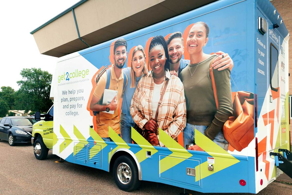 A blue and green Get2College mobile that shows a photo of five college age students and reads 'We help you plan, prepare and pay for college'