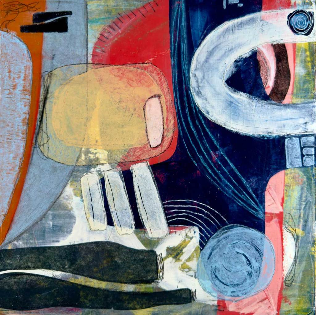 Abstract art done in reds greens and blues