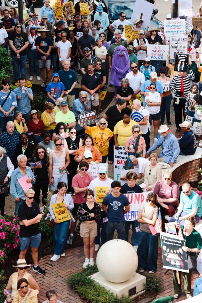An overhead view of a large crowd of protestors, many holding signs