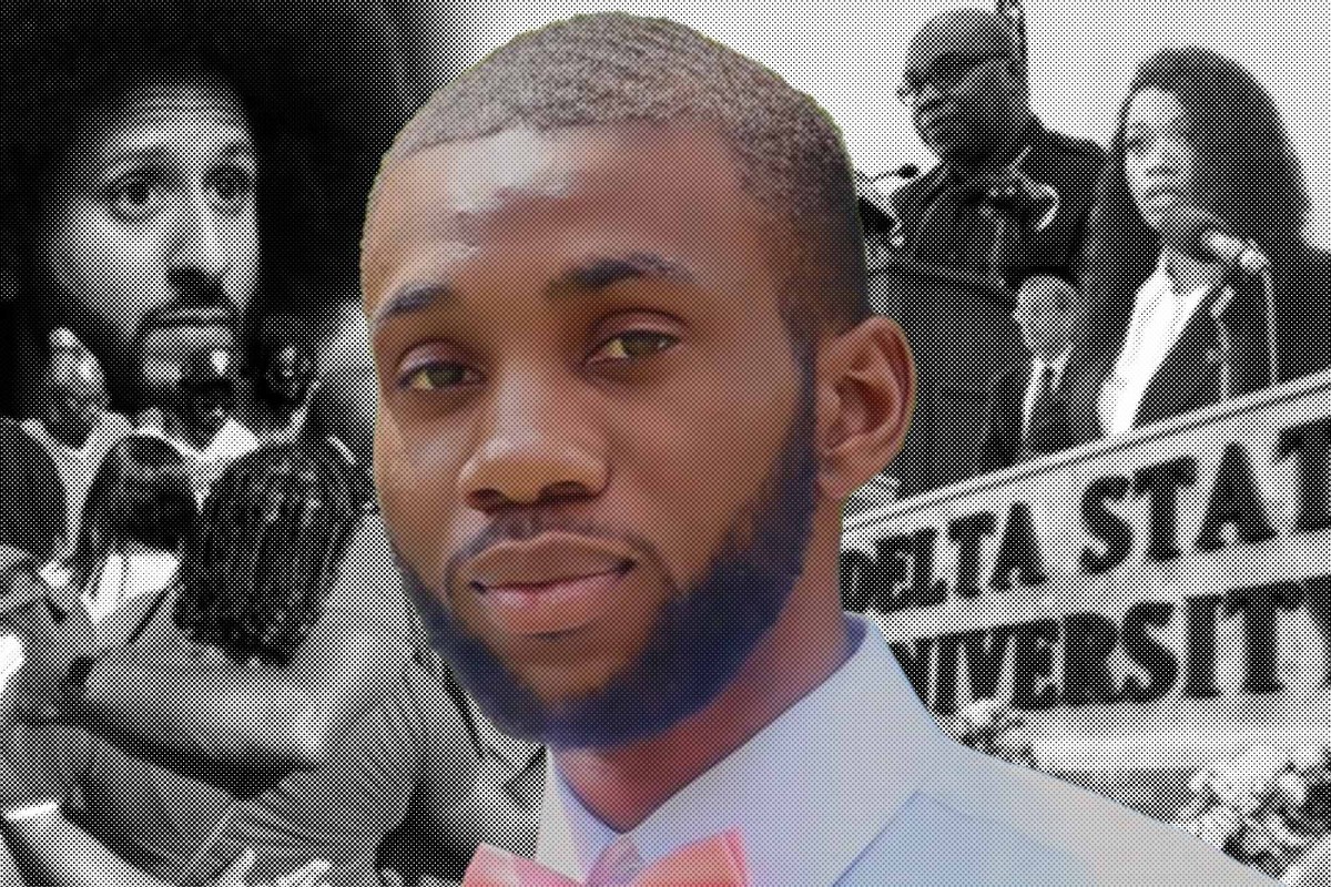 A closeup of Trey Reed's face is visible in color over a black and white collage in half-tone showing Vanessa Jones, Dan Ennis, Colin Kaepernick, Police Chief Mike Peeler, and a group of people standing in a prayer circle