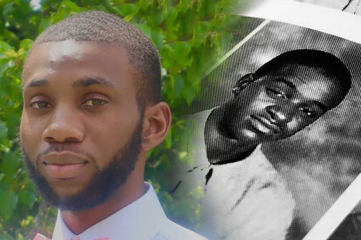 An overlay of two photos, a color photo of Trey Reed and a black and white yearbook photo of Raynard Johnson