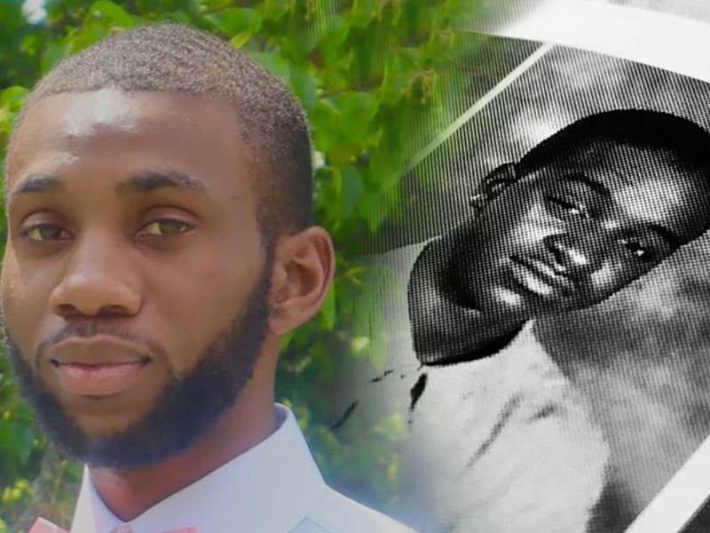 An overlay of two photos, a color photo of Trey Reed and a black and white yearbook photo of Raynard Johnson