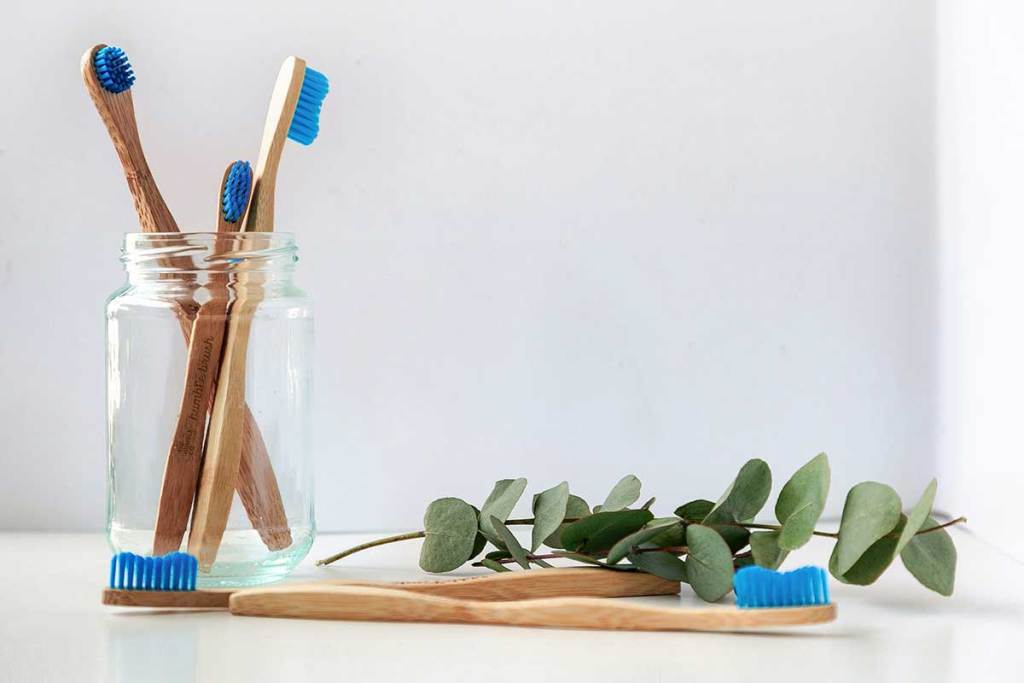 A glass jar holds three wooden toothbrushes with blue bristles, as two more lay outside of the jay with a sprig of Eucalyptus leaves