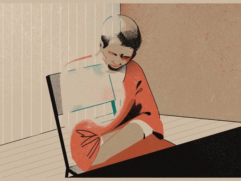 An illustration shows a man in an orange jail uniform sitting at a table with his arms crossed and head down. Part of the man appears transparent.