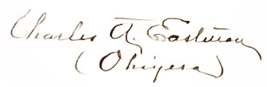 A black-and-white photo of a signature in cursive that reads, “Charles A. Eastman, Ohiye S’a.”
