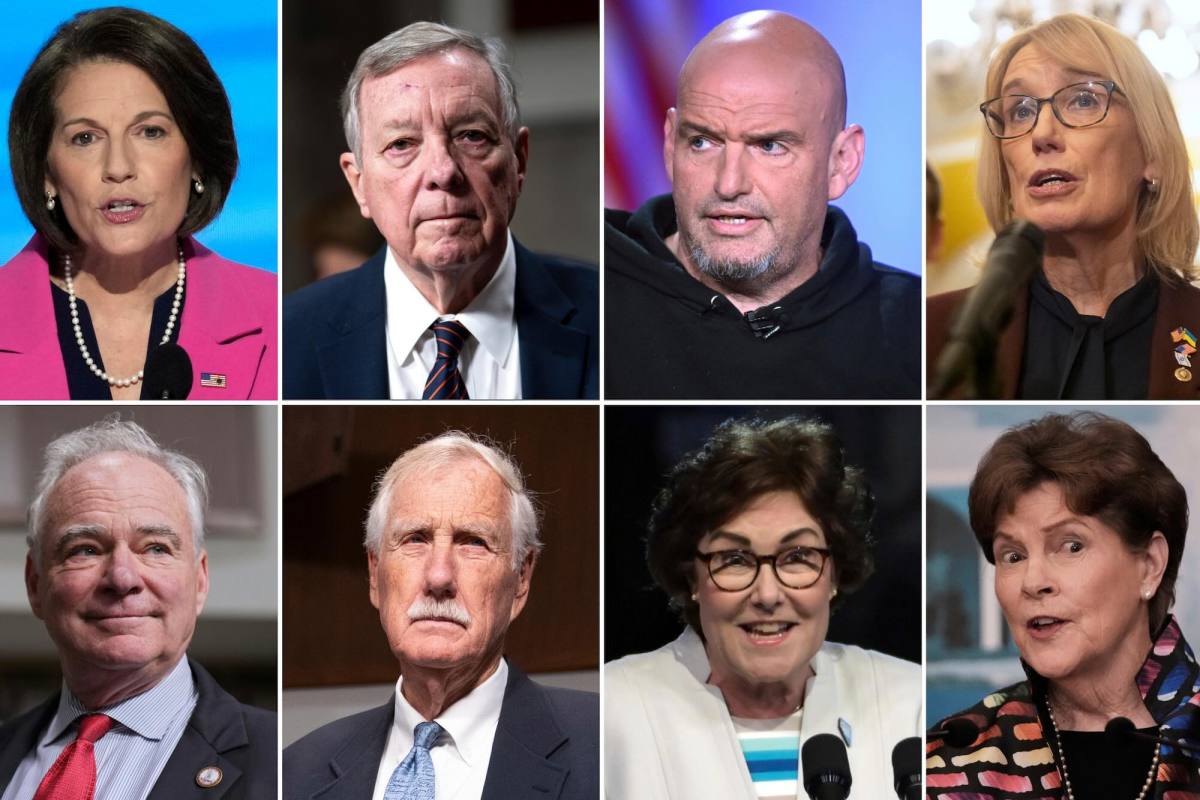 a collage showing closeup shots of eight senators, four men and four women