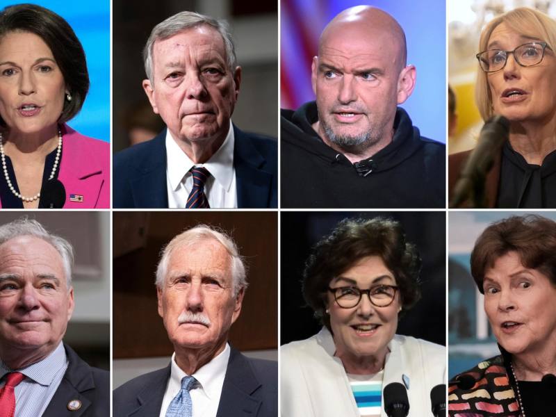 a collage showing closeup shots of eight senators, four men and four women