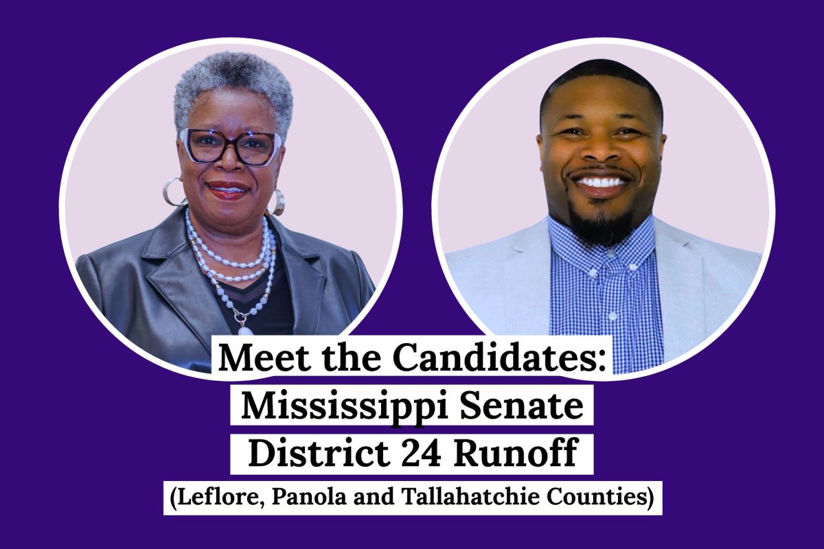 A graphic showing a woman and a man running for office, titled Meet the Candidates: Mississippi Senate District 24 Runoff (Leflore, Panola and Tallahatchie Counties)
