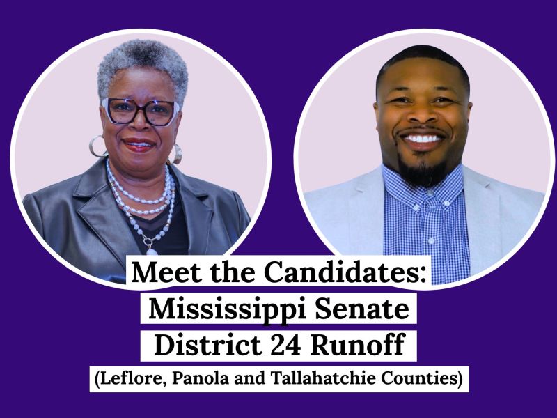 A graphic showing a woman and a man running for office, titled Meet the Candidates: Mississippi Senate District 24 Runoff (Leflore, Panola and Tallahatchie Counties)
