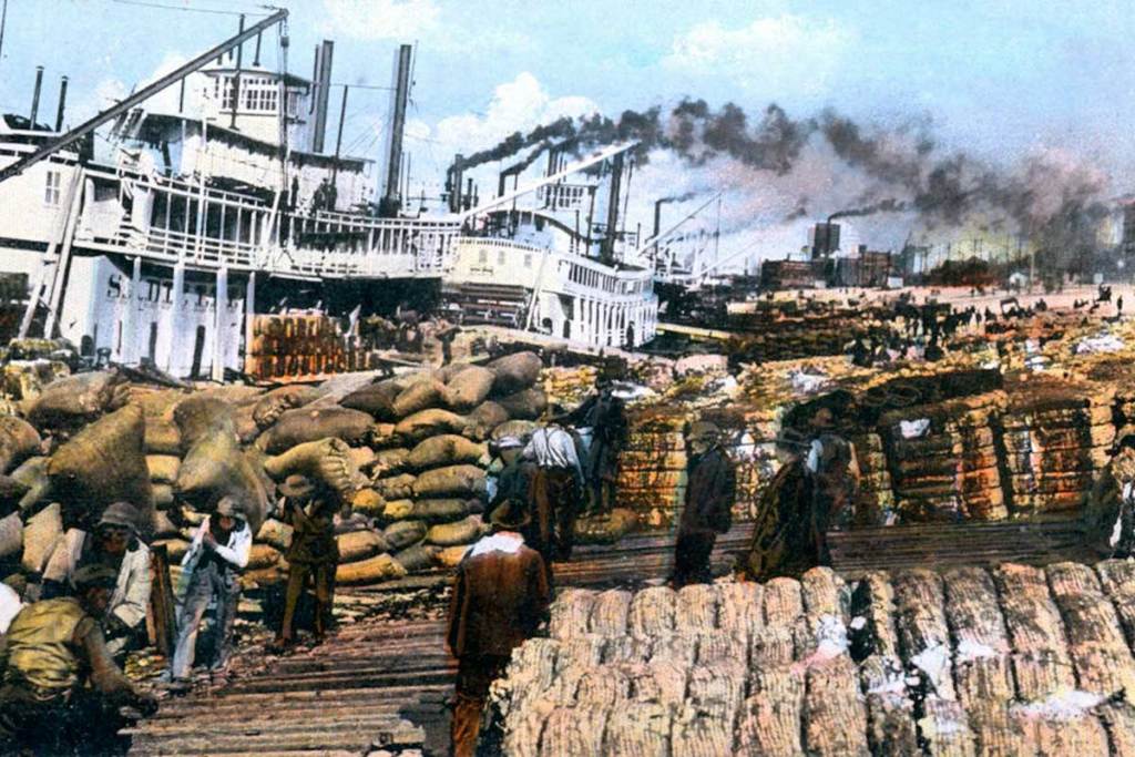 A painting of men gathering and stacking brown sacks of material. Two steamboats are docked in the background.