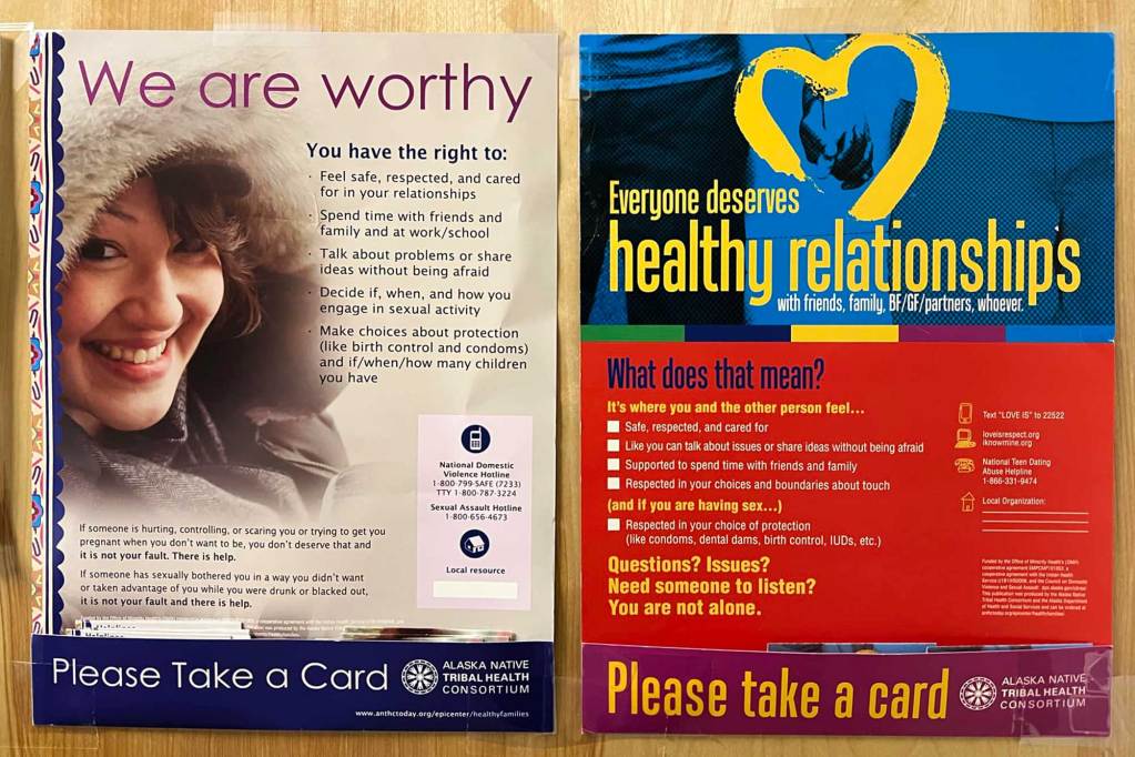 Two posters with text. One is titled “We are worthy” and the other is titled “Everyone deserves healthy relationships.”