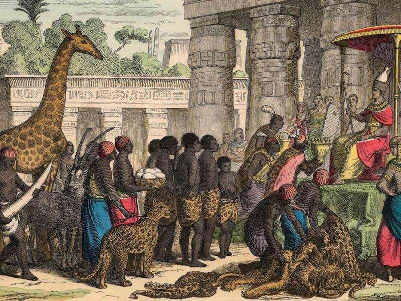 A painting of several Black people approaching a crowned man on a throne