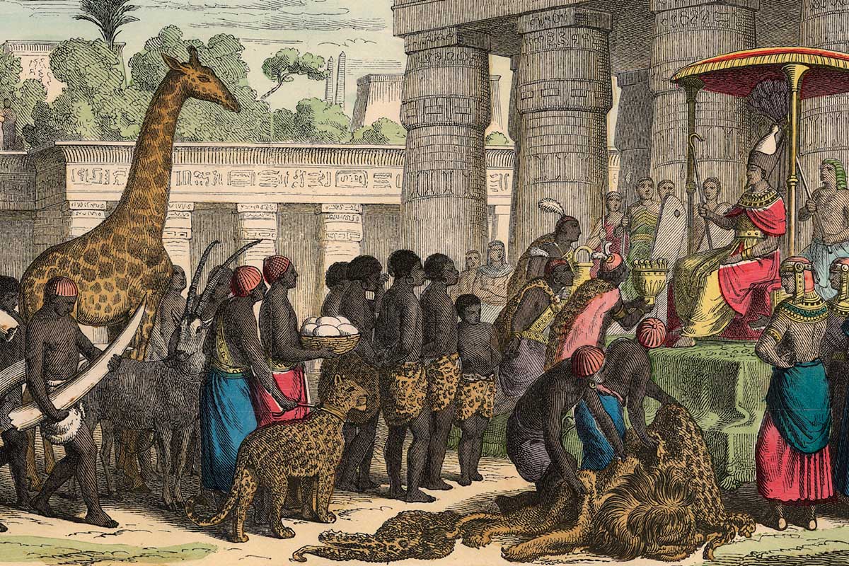 A painting of several Black people approaching a crowned man on a throne