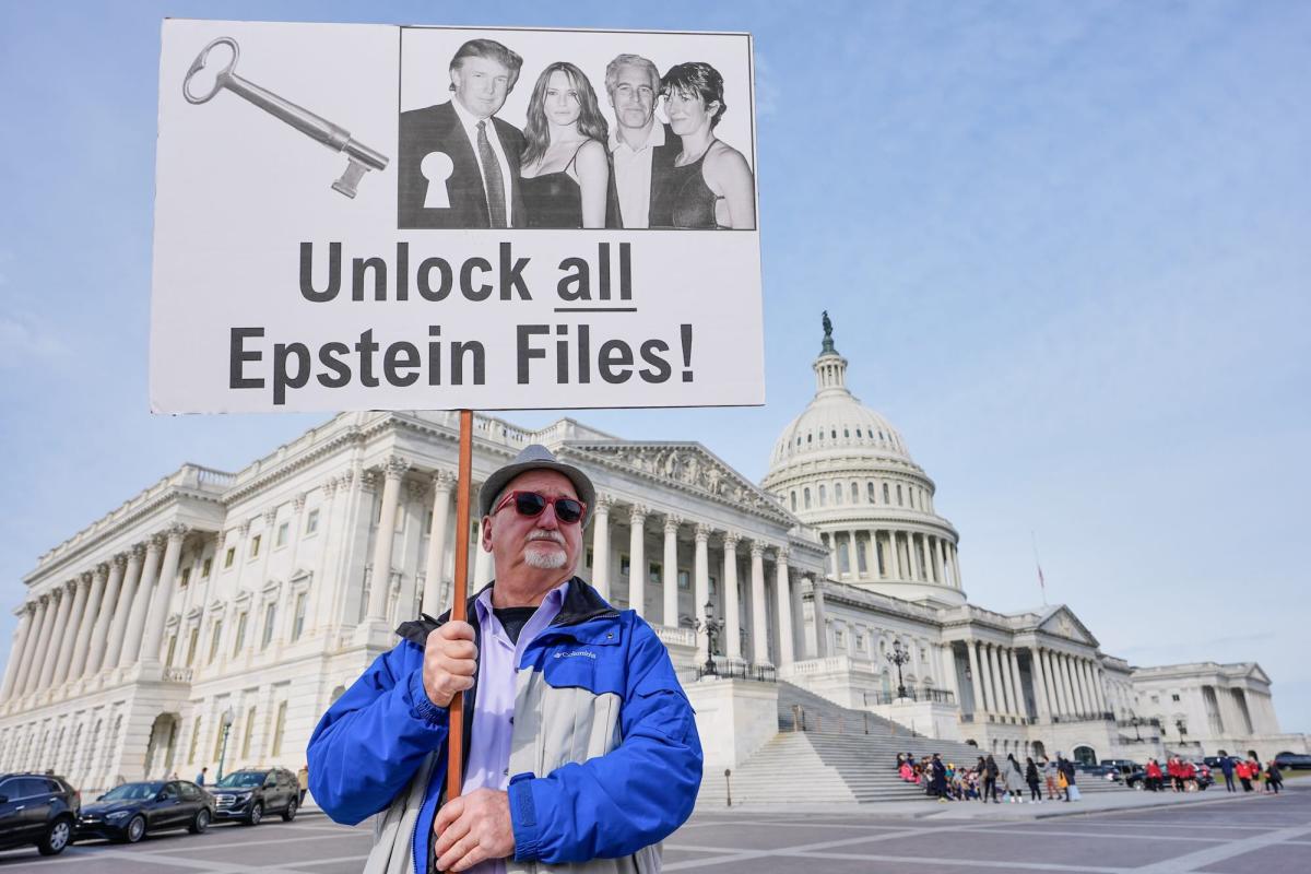 A man holding a sign in front of the U.S. Capitol building. The sign says, “Unlock all the Epstein Files!”