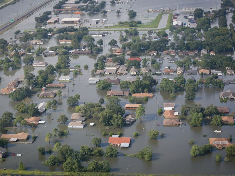 An aerial photograph of a flooded neighborhood