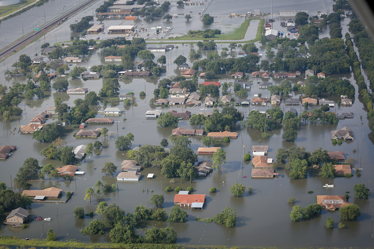 An aerial photograph of a flooded neighborhood