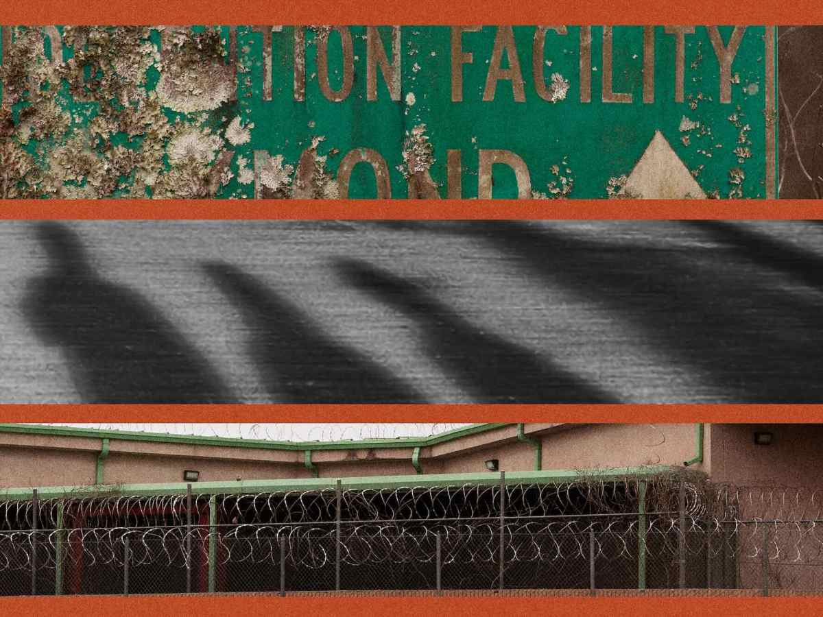 A collage shows photos of a decaying detention facility road sign with lichen, shadows of people in a line, and the exterior of a tan prison facility with a barbed-wire fence.
