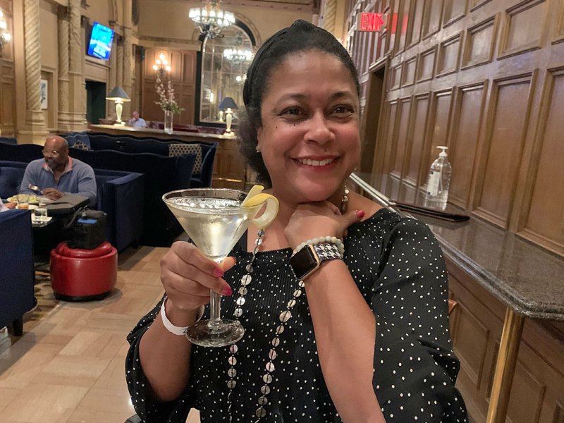 Kimberly Griffin celebrates her Emerging Leader of the Year award with a cocktail (nonprofit news awards)